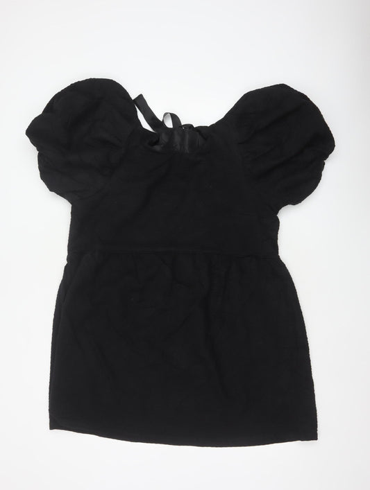 Topshop Women Black UK 16 Fit & Flare Puff Sleeve Lace-Up Dress