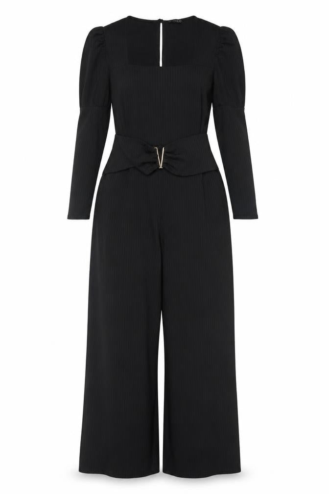Quiz Women Black UK 18 Ribbed Wide-Leg Belted Keyhole Jumpsuit