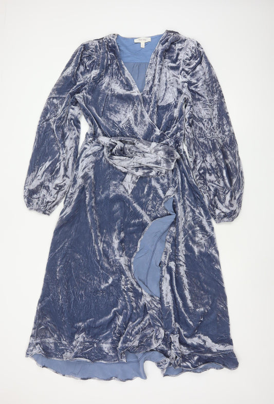Per Una Women Blue UK 10 Velvet Midi Wrap Dress V-Neck Belted