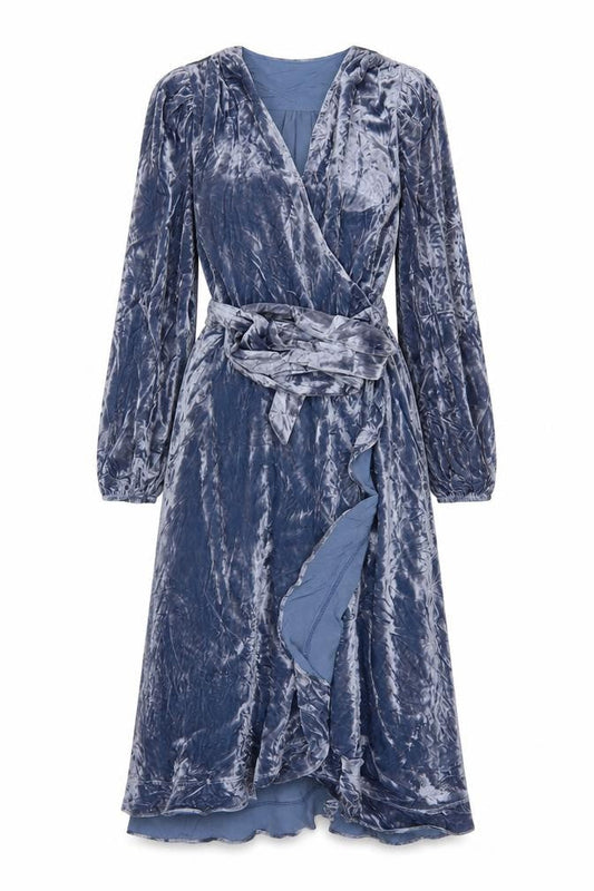 Per Una Women Blue UK 10 Velvet Midi Wrap Dress V-Neck Belted