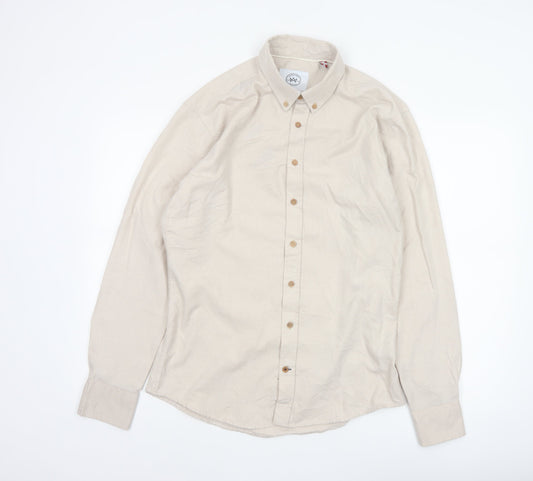 Kronstadt Men’s Beige L Cotton Blend Button-Down Long Sleeve Shirt