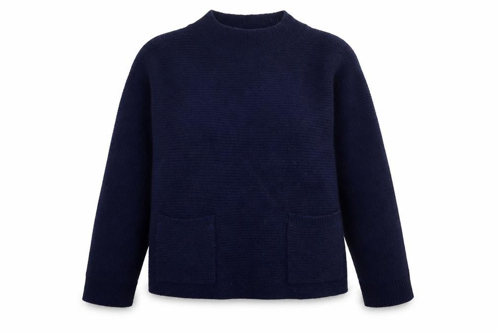 White Stuff Women’s Navy UK 14 Cotton Mock Neck Pocket Pullover Jumper