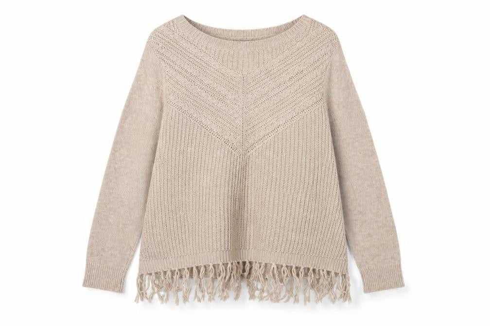 Roman Women's Beige Size 14 Fringe Chunky Knit Round Neck Jumper