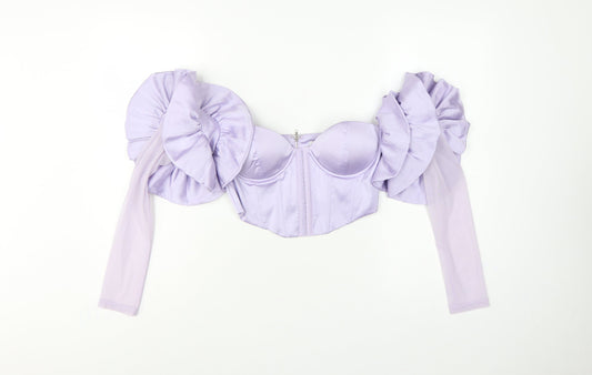 Oh Polly Women Purple UK 10 Cropped Ruffle Corset Blouse Long Sleeve