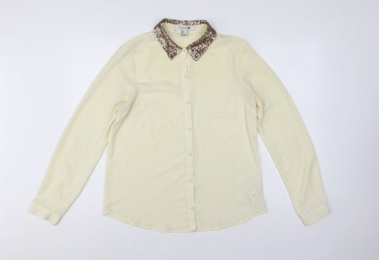 Forever 21 Women Ivory M Sequin Collar Long Sleeve Button-Up Blouse
