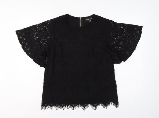 Mela London Women Black UK 10 Lace Flutter Sleeve Zip Blouse