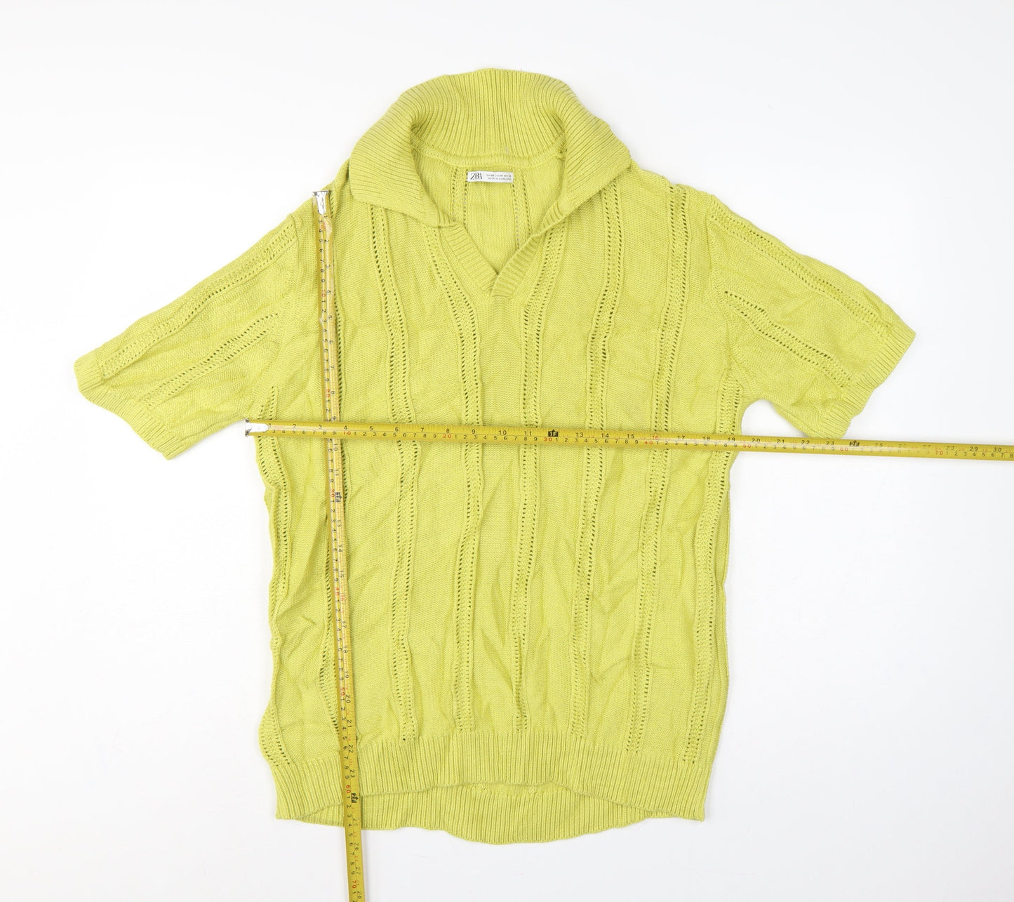 Zara Women Yellow UK 12 Collared Short Sleeve Cotton Knit Jumper