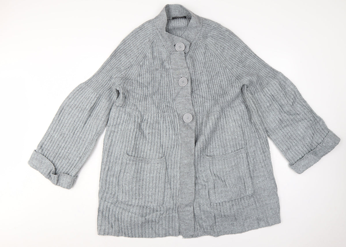 Bonmarché Women Grey XL Rib Knit Button Cardigan with Pockets