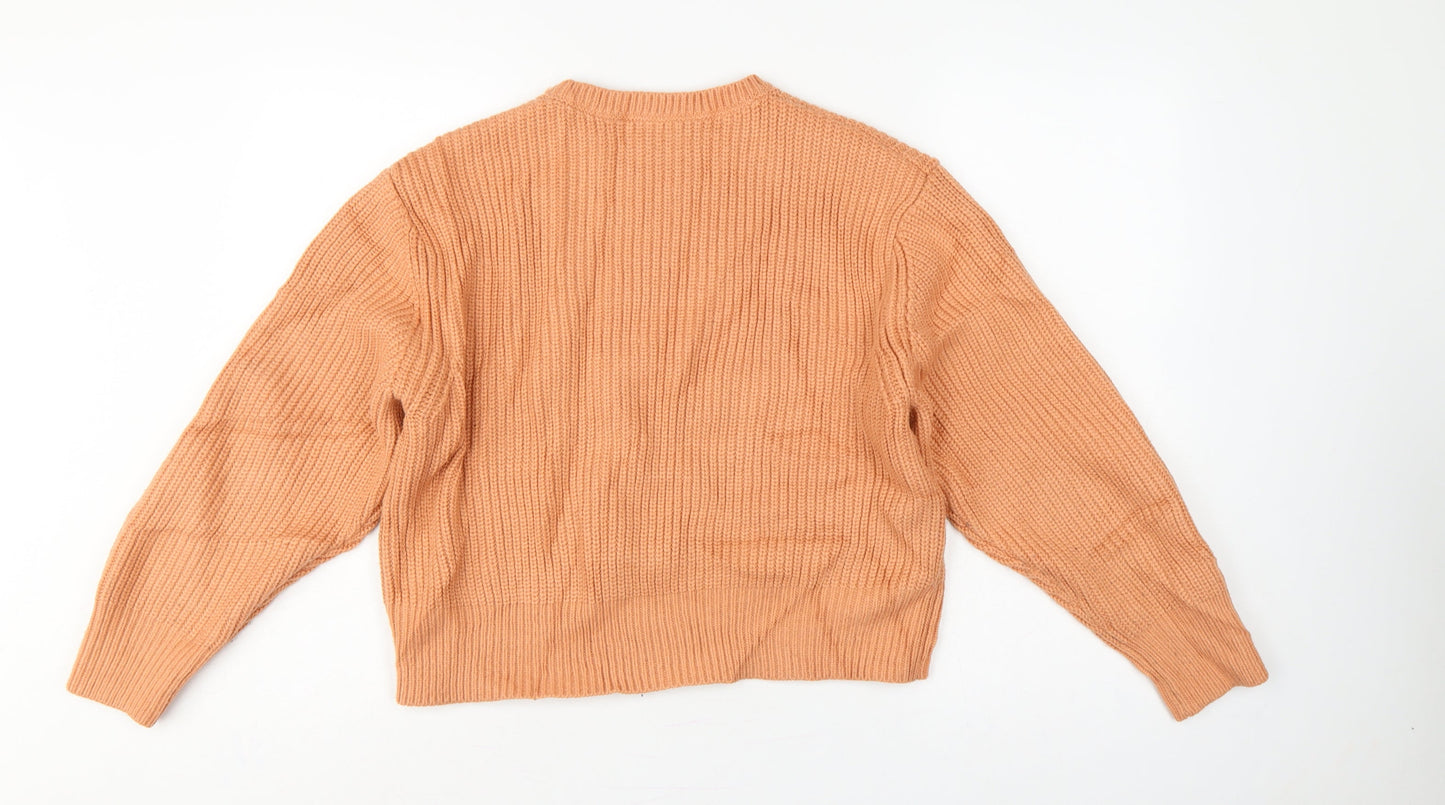 Zara Women Orange L Ribbed Chunky Knit Crew Neck Pullover Jumper