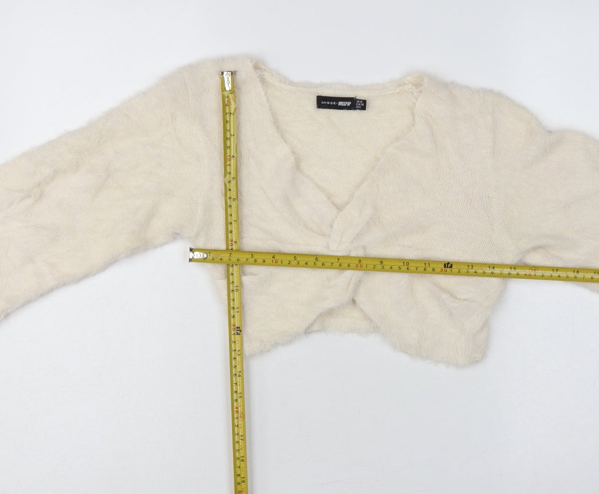 Misse x Misspap Women Ivory UK 10 Fuzzy Knit V-Neck Long Sleeve Shrug