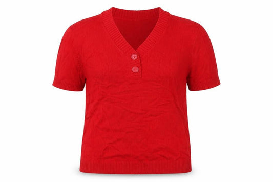 Damart Women Red XL UK 20/24 Short Sleeve V-Neck Henley Jumper