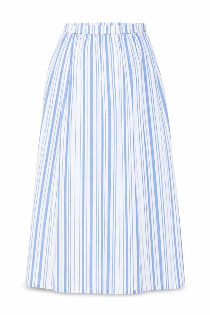 Front view of ASOS Women Blue White Stripe High Rise Long A-Line Skirt UK 8