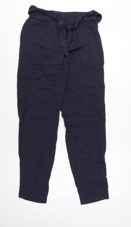 Marks & Spencer Women Navy UK 8 Paperbag Tapered Linen Blend Trousers