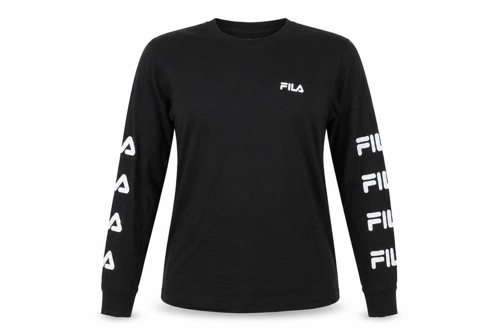 Front view of Fila Women’s Black, size UK 10, Long Sleeve Logo T-Shirt Cotton