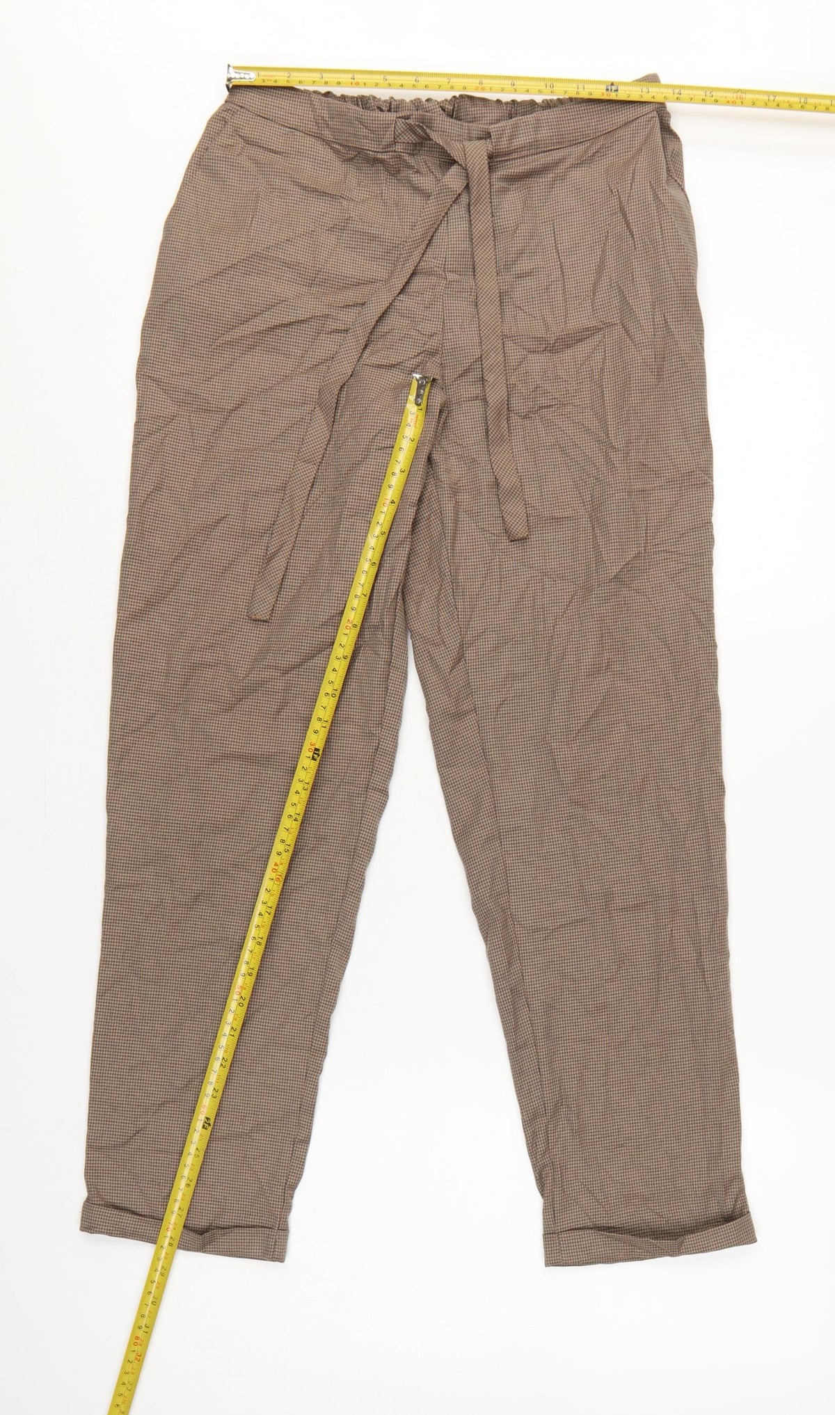 Mango Women Brown Check Paperbag Tie Waist Tapered Trousers Size M