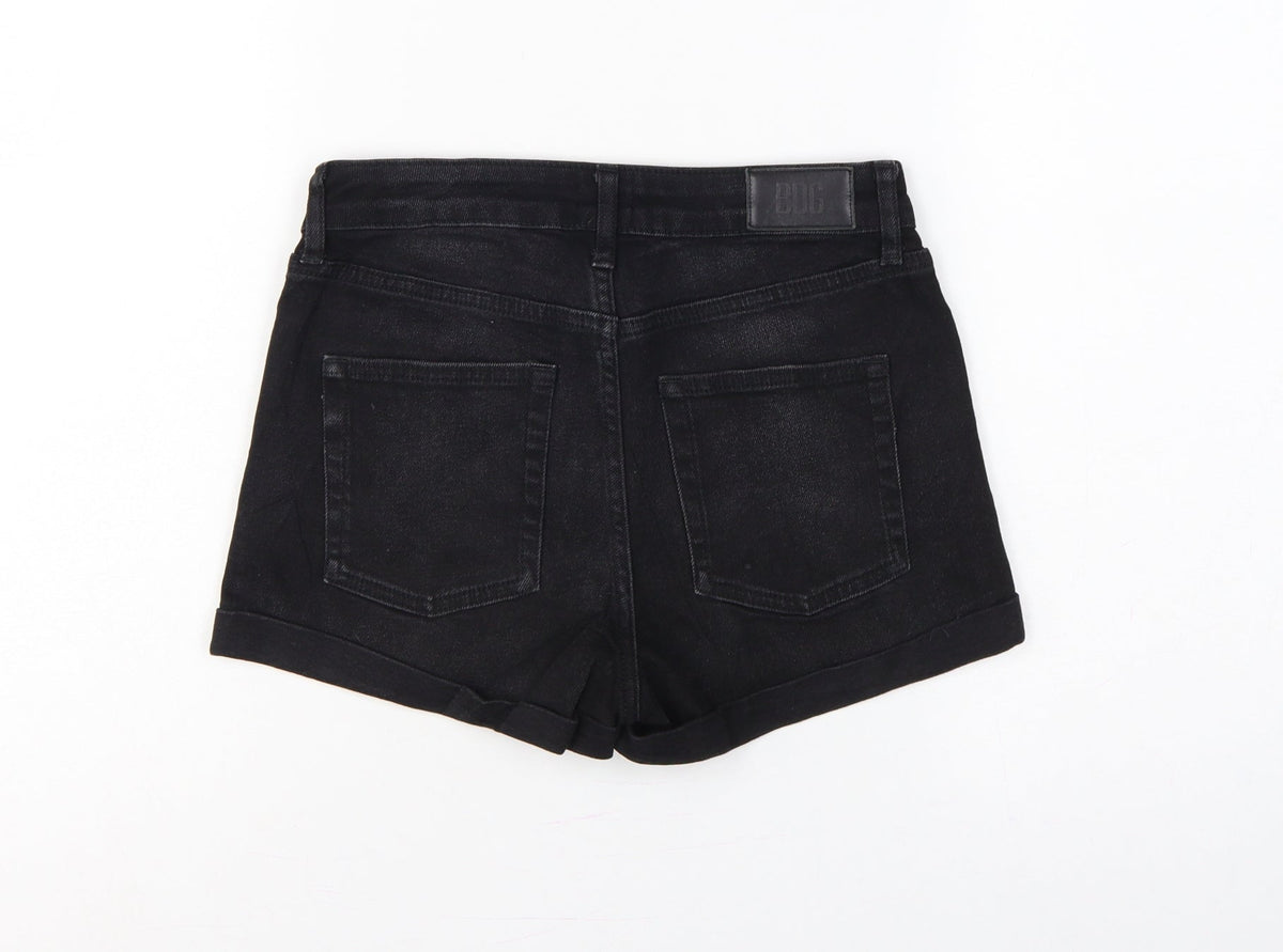 Close-up detail of BDG Urban Outfitters Women Black UK 8 W26 High Rise Cuffed Denim Shorts