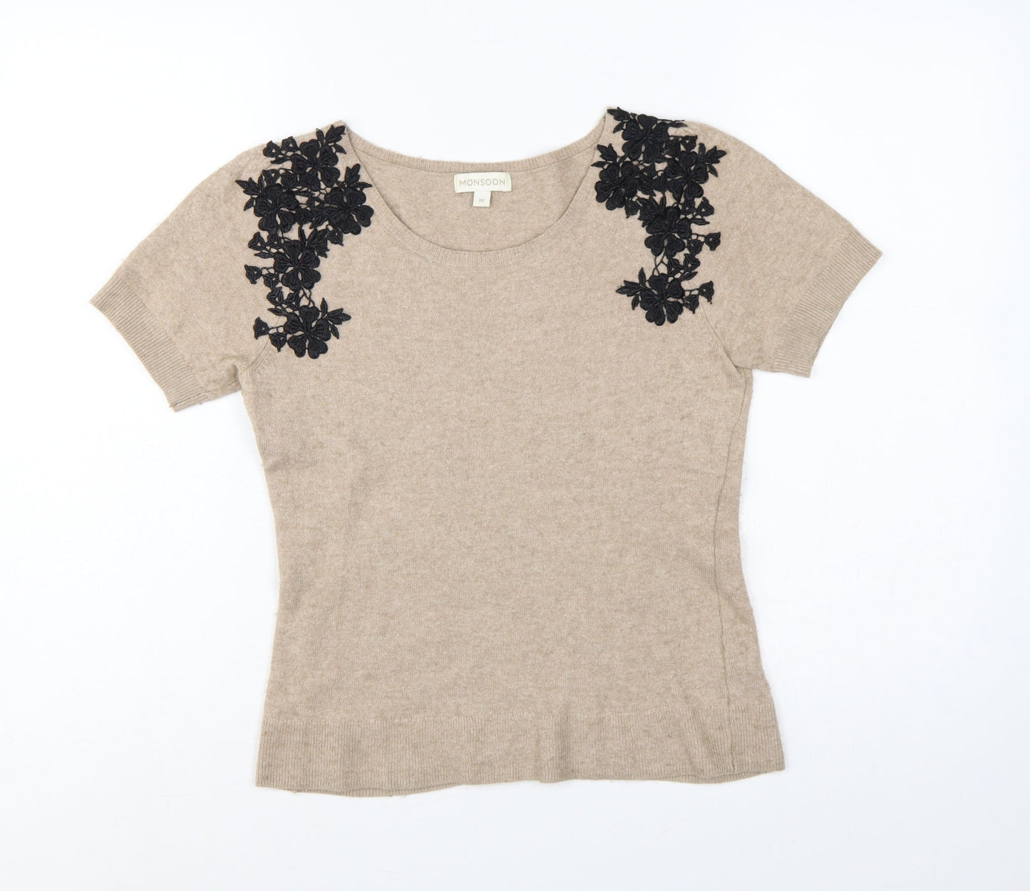 Monsoon Women Beige Floral Appliqué Knit Jumper Size 12 Short Sleeve