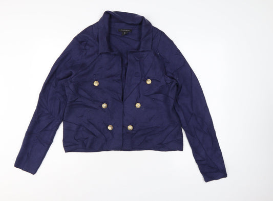 Tahari Women Blue L Double-Breasted Collared Knit Cardigan Gold Buttons
