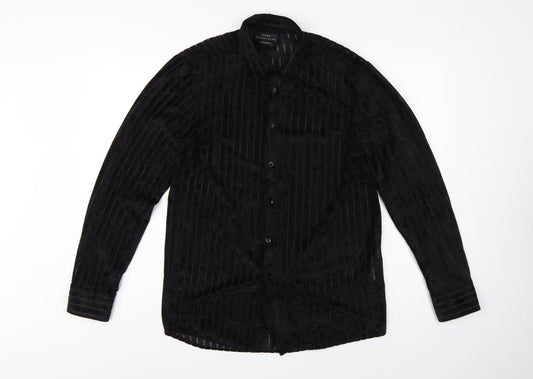 Zara Unisex Black M Velvet Stripe Button-Up Shirt Regular Fit