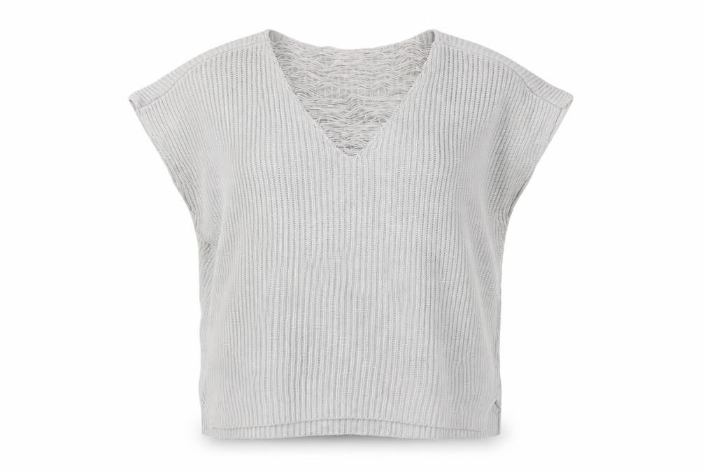 Front view of Linea Weekend Women Grey M Fringe V-Neck Ribbed Knit Tunic Jumper