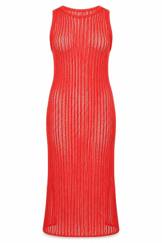 Marks & Spencer Women Red M Open Knit Sheer Maxi Beach Dress