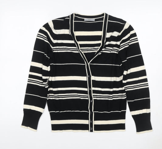 Marks & Spencer Women Black Stripe V-Neck Cotton Cardigan UK 16