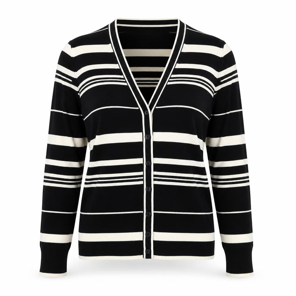 Marks & Spencer Women Black Stripe V-Neck Cotton Cardigan UK 16