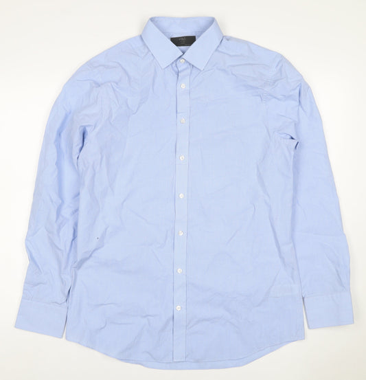 Marks & Spencer Men's Blue 16 Slim Cotton Check Long Sleeve Shirt