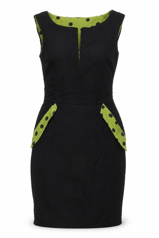 Cappuccini Women Black Green Polka Dot Shift Dress Size M Stretch