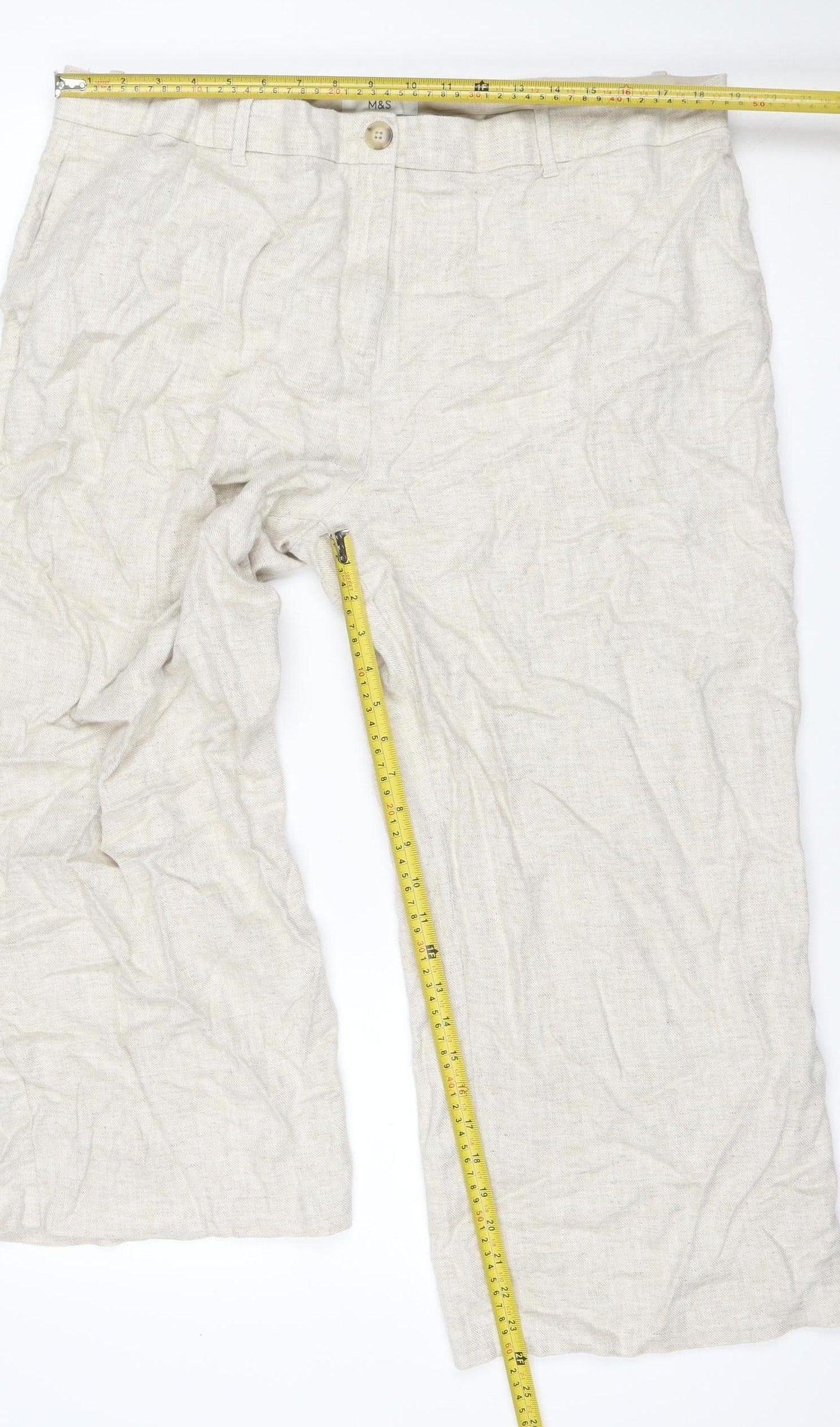 Marks and Spencer Women Beige Linen Blend Straight Trousers UK 22 Short