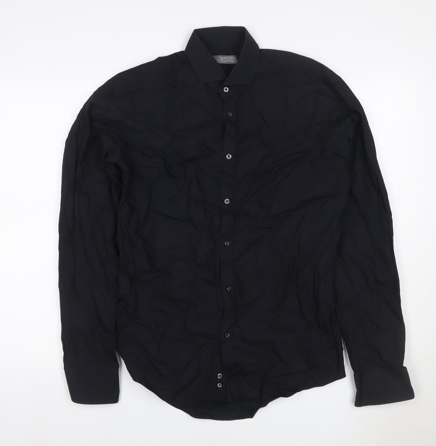 Zara Men Black M Slim Fit Cotton Long Sleeve Button-Up Shirt
