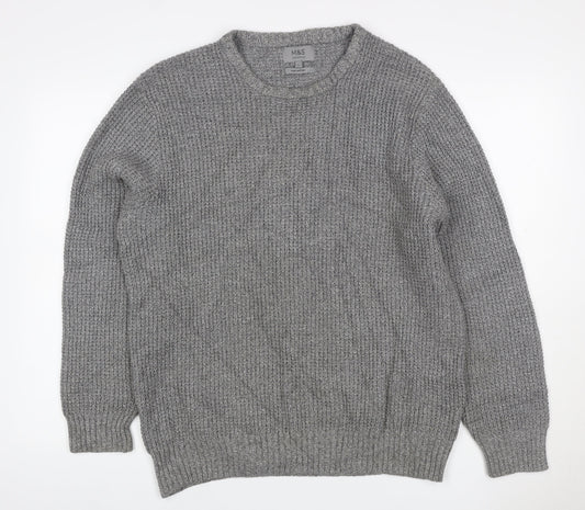Marks and Spencer Men's Grey L Pure Cotton Rib Knit Crew Neck Jumper