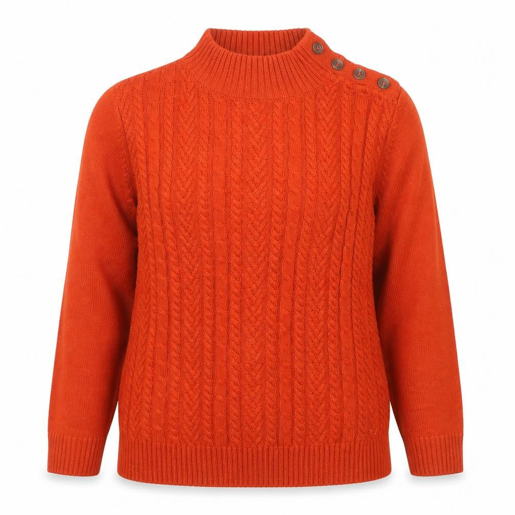 Isle Essentials Women Orange S Cable Knit Mock Neck Button Jumper