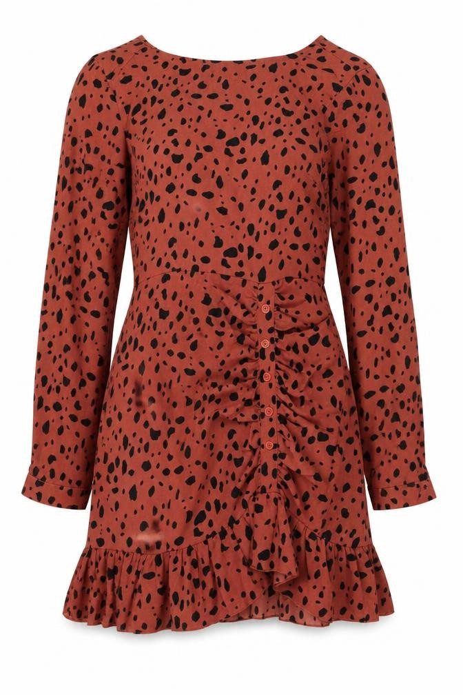 Front view of Missguided Women Orange Animal Print Skater Dress UK 6 Long Sleeve
