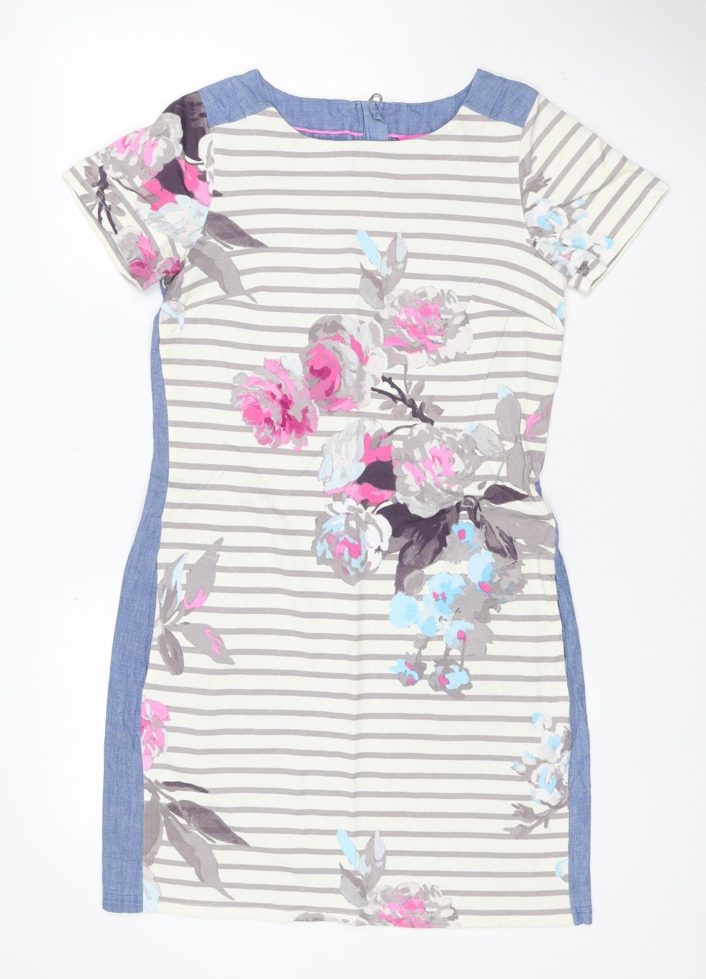 Joules Women Blue Floral Stripe Linen Blend Shift Dress UK 10
