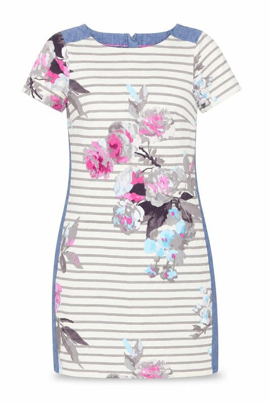 Joules Women Blue Floral Stripe Linen Blend Shift Dress UK 10