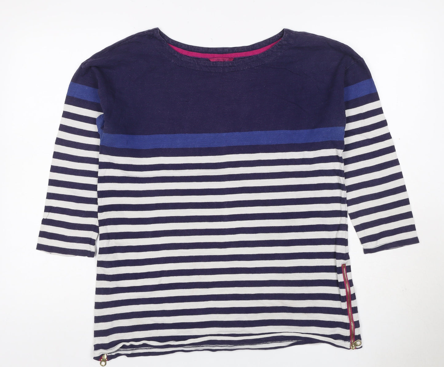 Joules Women Blue UK 14 Striped 3/4 Sleeve Cotton T-Shirt Zip