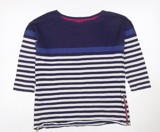 Joules Women Blue UK 14 Striped 3/4 Sleeve Cotton T-Shirt Zip
