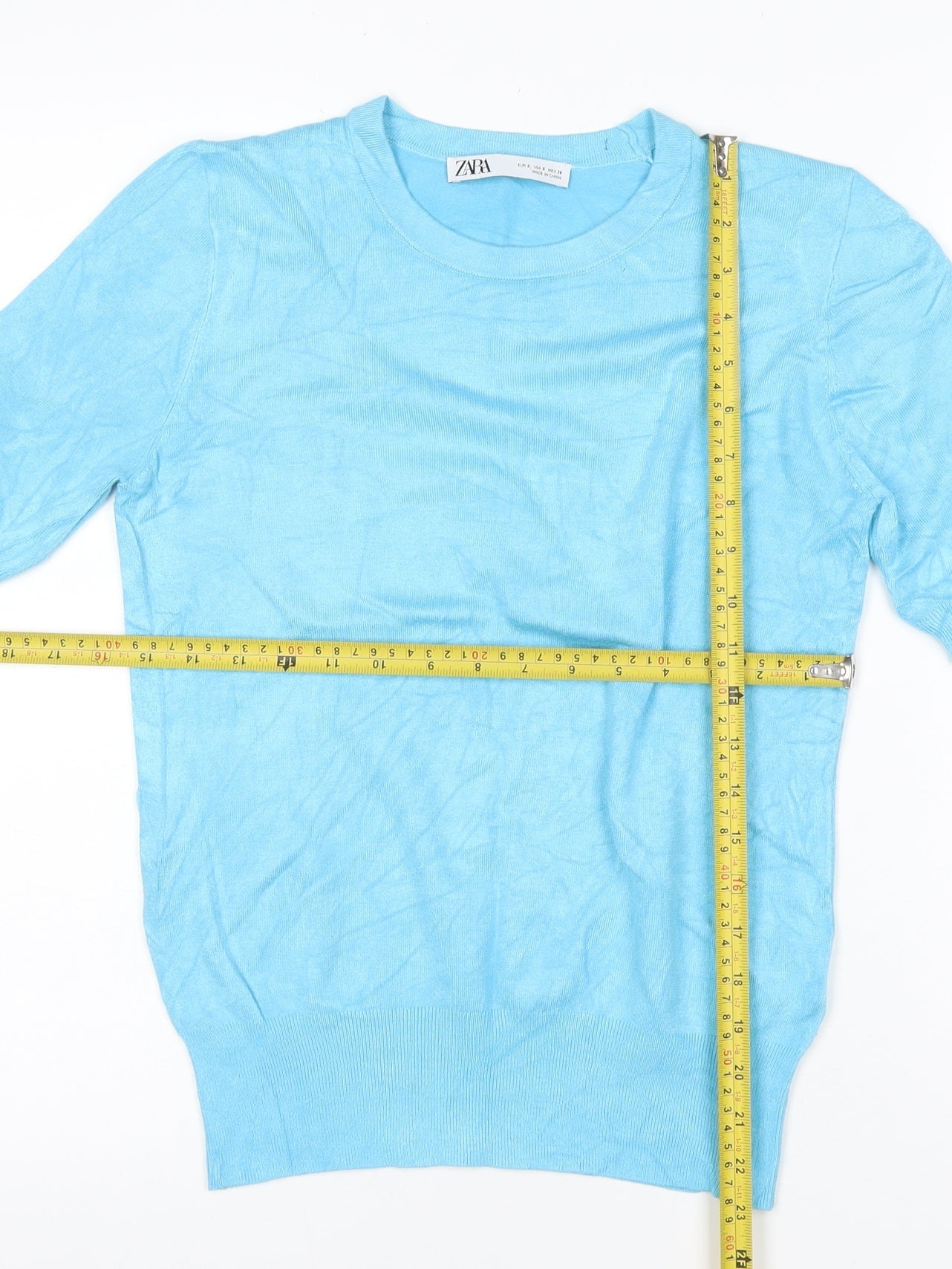 Zara Women Blue S Basic Knit Puff Sleeve Crew Neck T-Shirt