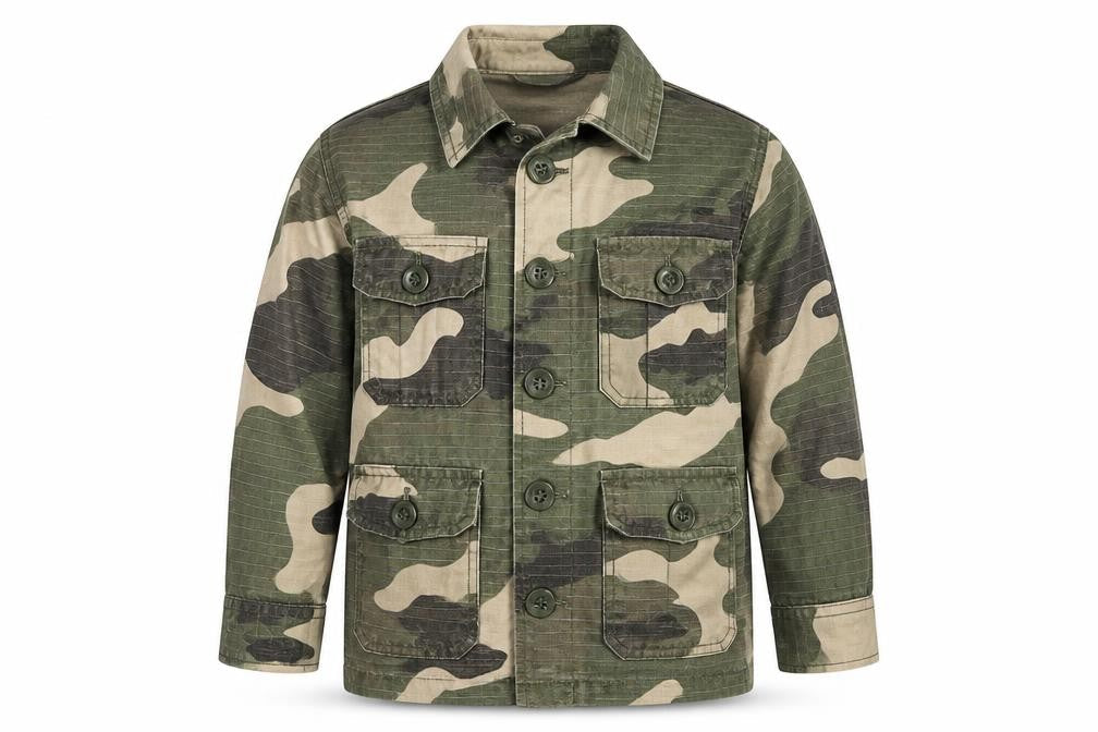 Front view of Zara boys’ green camo military jacket 3-4 years cotton button-up