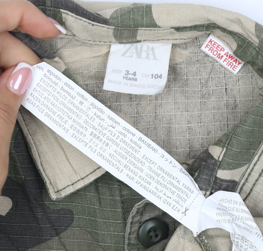 Zara Boys Green Camo Military Jacket 3-4 Years Cotton Button-Up