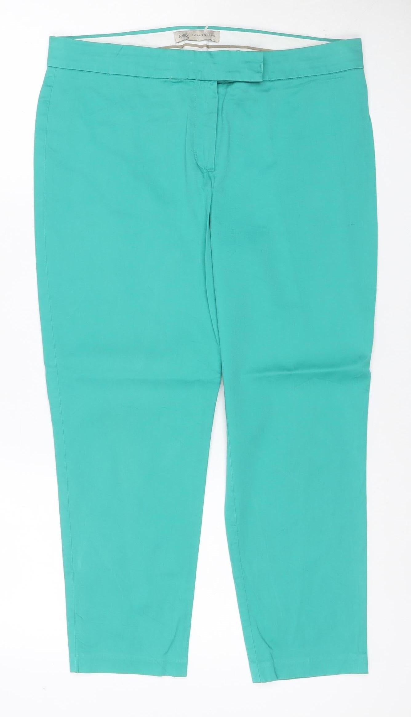Marks and Spencer Women Green UK 12 Straight Leg Cotton Stretch Trousers