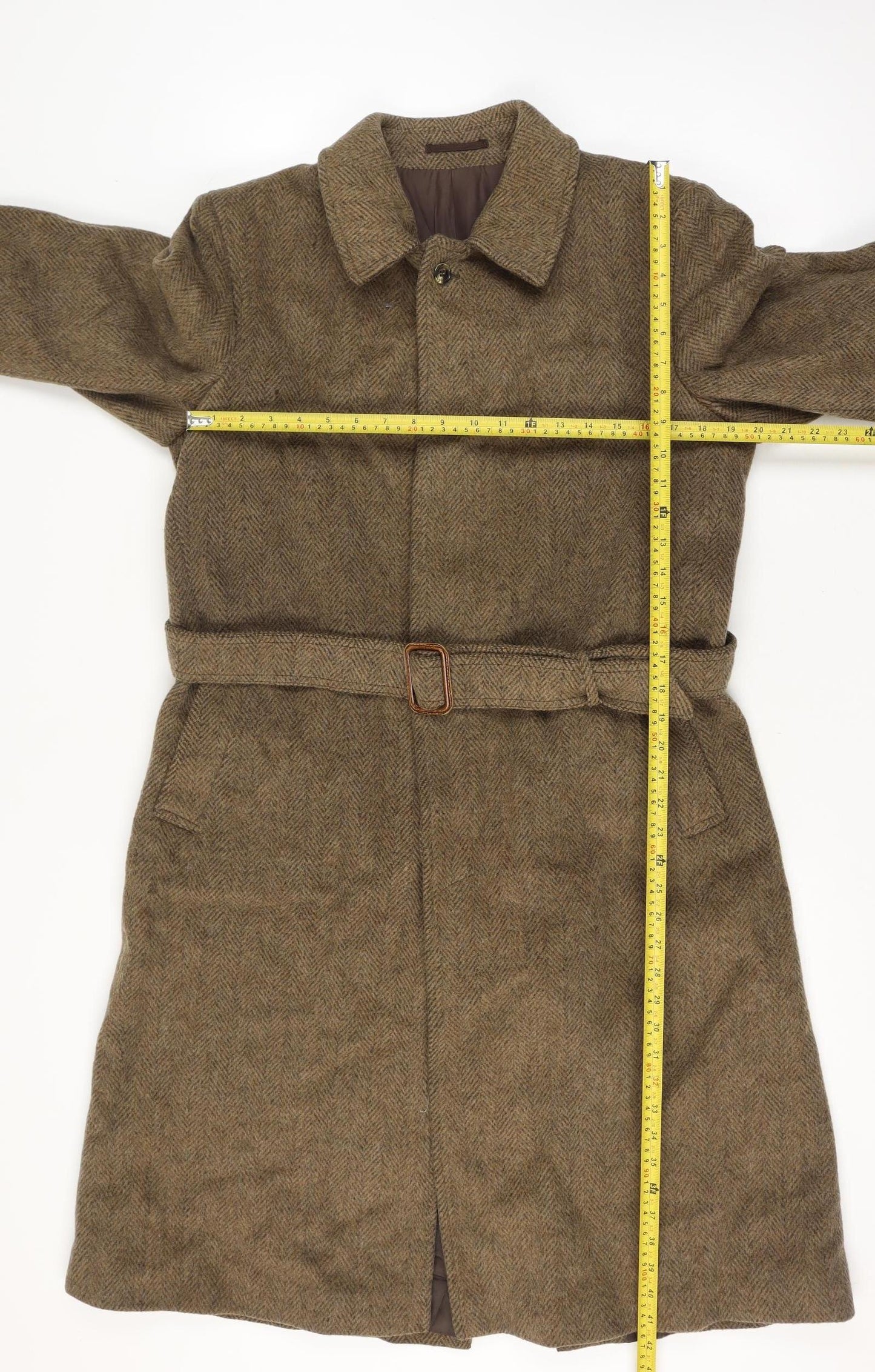 Anthony Best Mens Chest 40 Brown Herringbone Tweed Belted Long Overcoat
