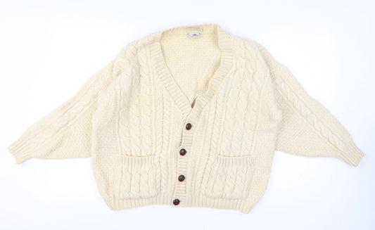 Concept Knitwear Women Size L Ivory Pure Wool Cable-Knit Button Cardigan