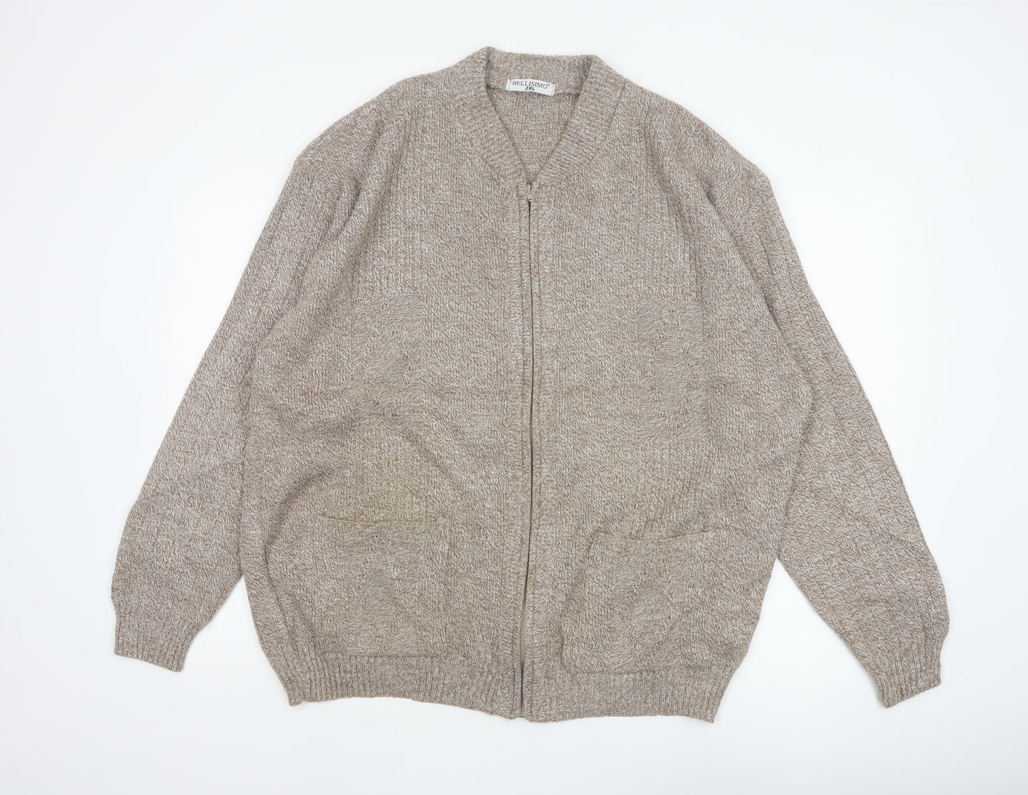 Bellisimo Men's Beige 2XL Full Zip V-Neck Knit Cardigan Pockets