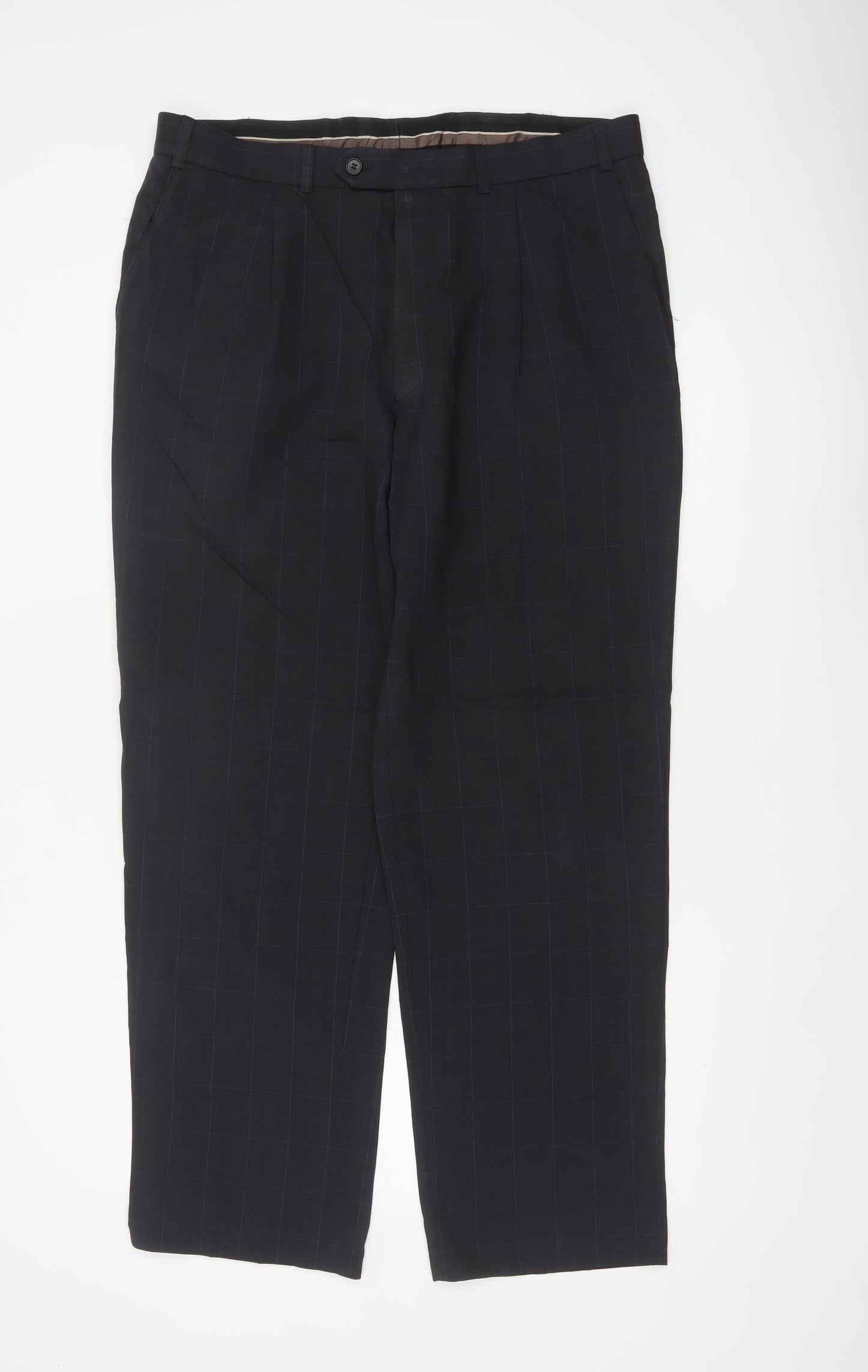 Marks & Spencer Men Grey Check Wool Dress Trousers 36W 31L