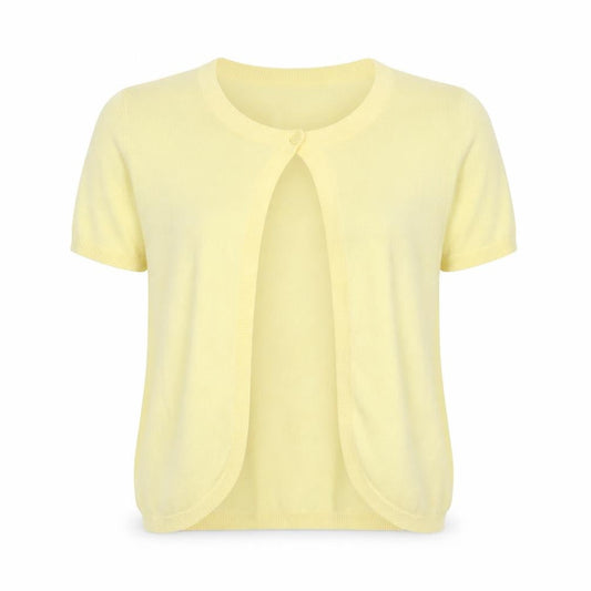 Front view of Red Herring Women Yellow, size 10, Short Sleeve Knit Button Cardigan