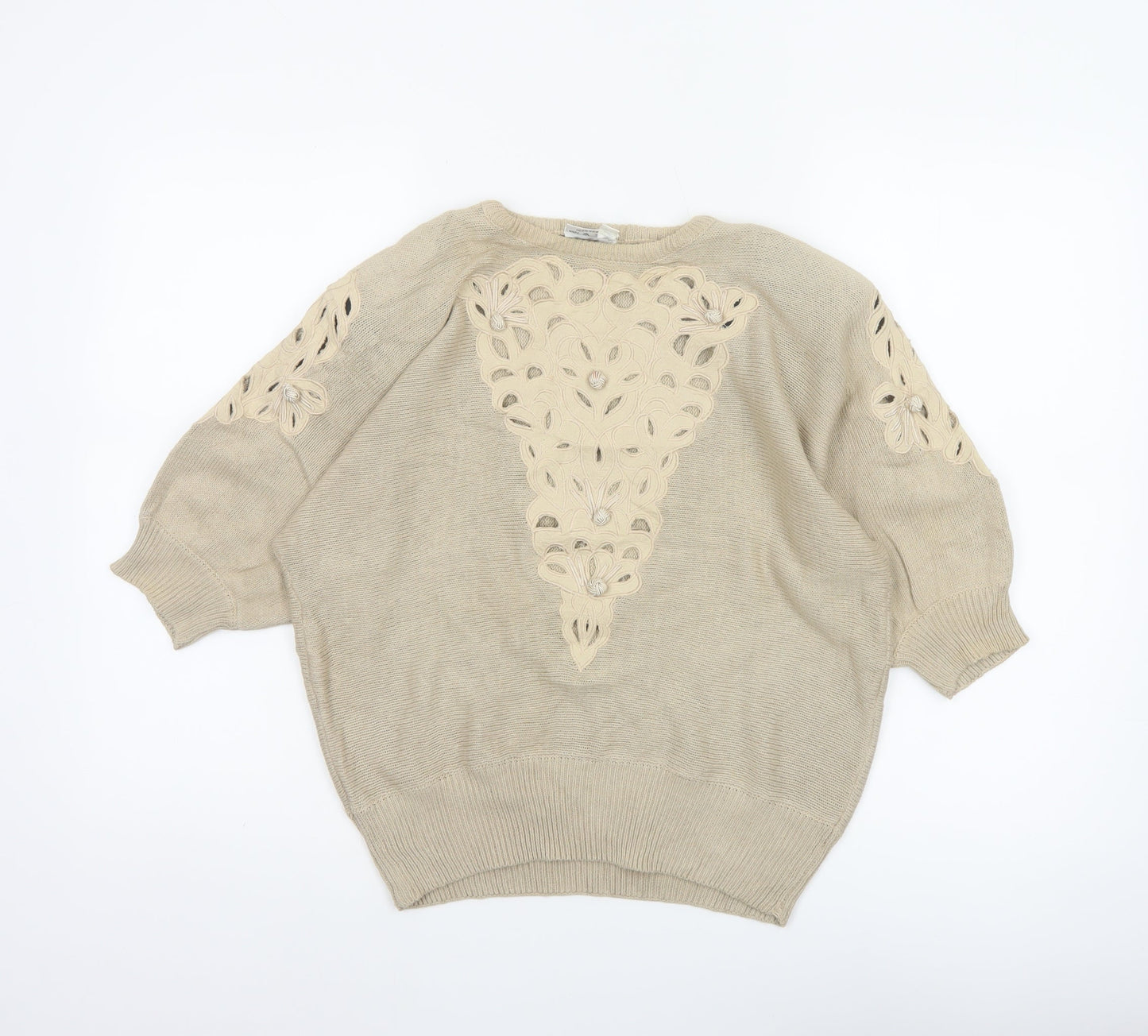 Jacques Vert Women Beige UK 12 Floral Embroidered Cotton Tunic Top