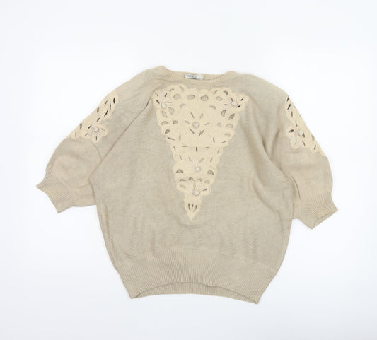 Jacques Vert Women Beige UK 12 Floral Embroidered Cotton Tunic Top