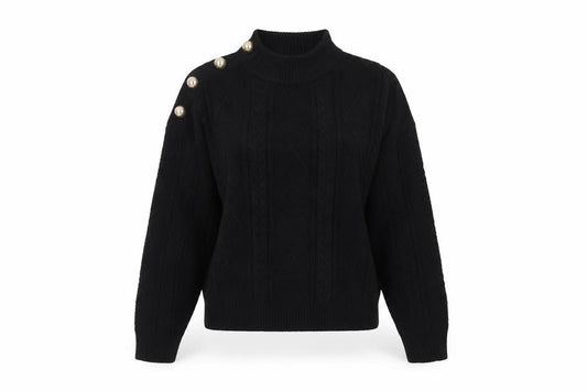 Mango Women Black UK 12 Cable-Knit High Neck Button Pullover Jumper